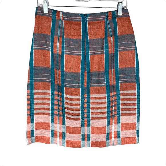 Ann Taylor Faux Wrap Skirt Plaid Linen Blue Orange Women’s 2 - Picture 5 of 7